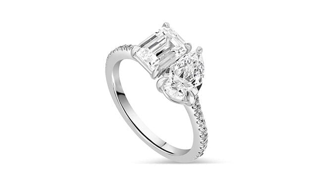 Born lab-grown 2.15ct Toi et Moi engagement ring in platinum with pear and emerald cut diamonds